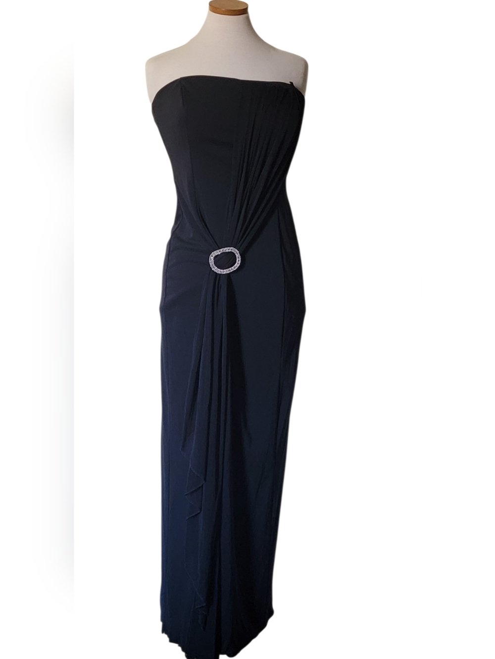Superstition Strapless Sheer Drape Embellished Buckle Black Tie Formal Zip Dress